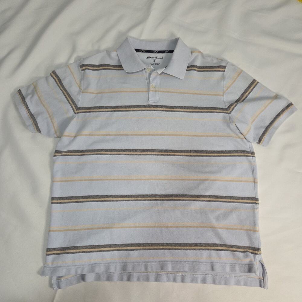 Eddie Bauer Men's L Light Blue Striped Polo‎ Shirt 100% Cotton Short Sleeve